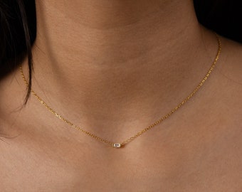 Sterling Silver Baguette Birthstone Necklace: Personalized Gemstone Jewelry - Christmas Gift