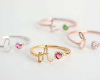 Initial Birthstone Ring - Custom Name Gemstone - Stacking Rings - Dainty Birthstone Ring - Graduation Gift - Mother Gift