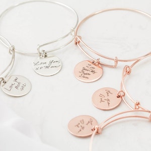 Expandable Engraved Handwriting Disc Bracelet - Bangle with Engraved Discs - Memorial Bangle - Bridesmaid gifts - Mother Gift