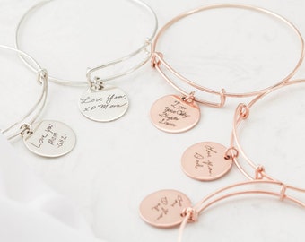 Expandable Engraved Handwriting Disc Bracelet - Bangle with Engraved Discs - Memorial Bangle - Bridesmaid gifts - Mother Gift