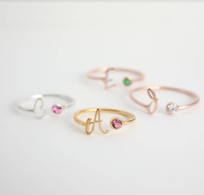 Initial Birthstone Ring Skinny ring Dainty Birthstone Ring Stacking ring Graduation Gift Christmas Gift Mother Gift Gold Plated