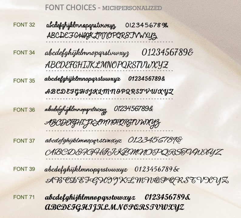 Puede incluir: Imagen que muestra opciones de fuente para personalizaci&oacute;n. El texto "FONT CHOICES - MICHPERSONALIZED" est&aacute; en la parte superior. Se muestran varios estilos de fuente, cada uno con alfabetos en min&uacute;sculas y may&uacute;sculas, n&uacute;meros y s&iacute;mbolos.