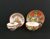 Two Japanese eggshell porcelain cups and saucers, Satsuma hand painted with lithophanes. Top quality Japanese porcelain. Hidden treasures