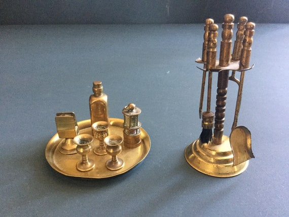 Vintage Brass Miniature Fireplace Tool Set And Wine Serving Etsy