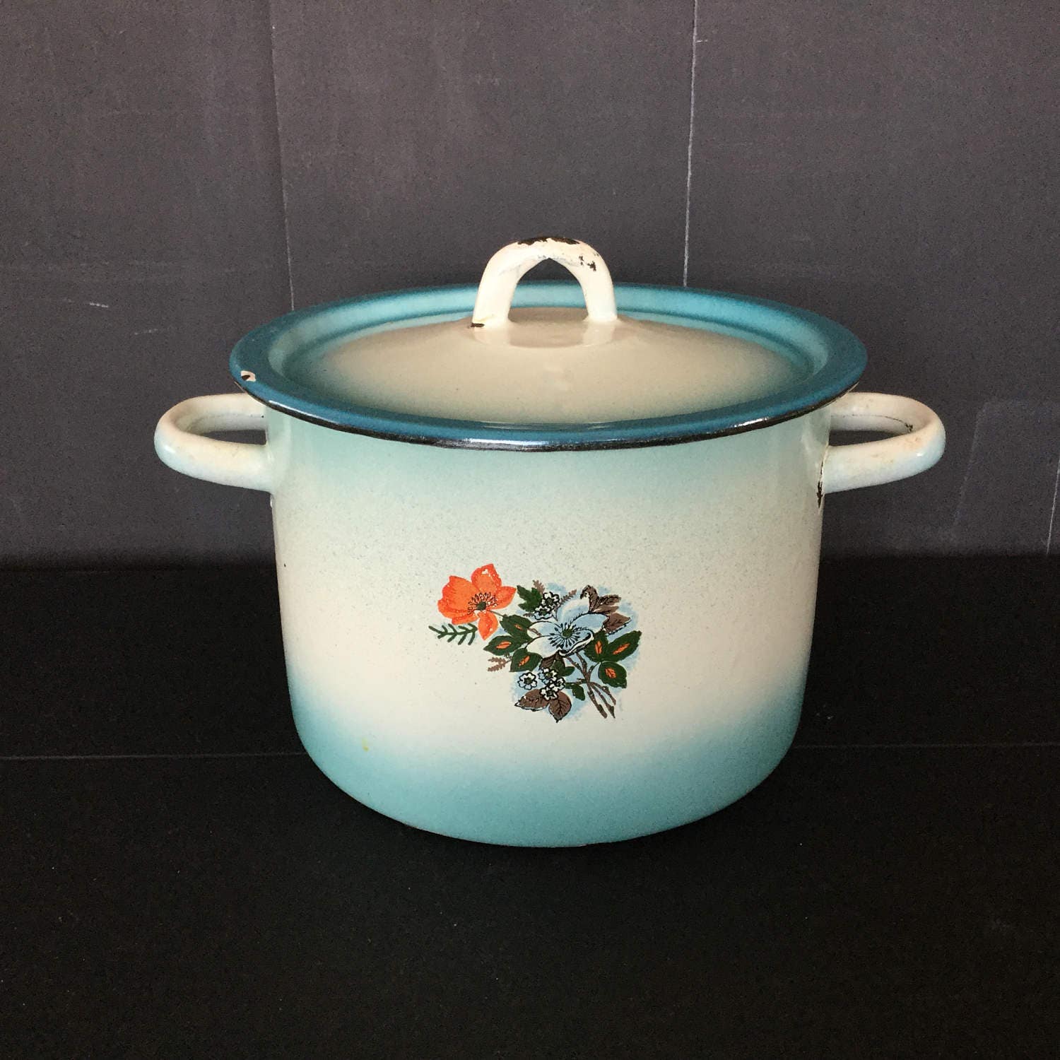 Vintage enamel cooking pot blue and white enamel. Enamel Etsy