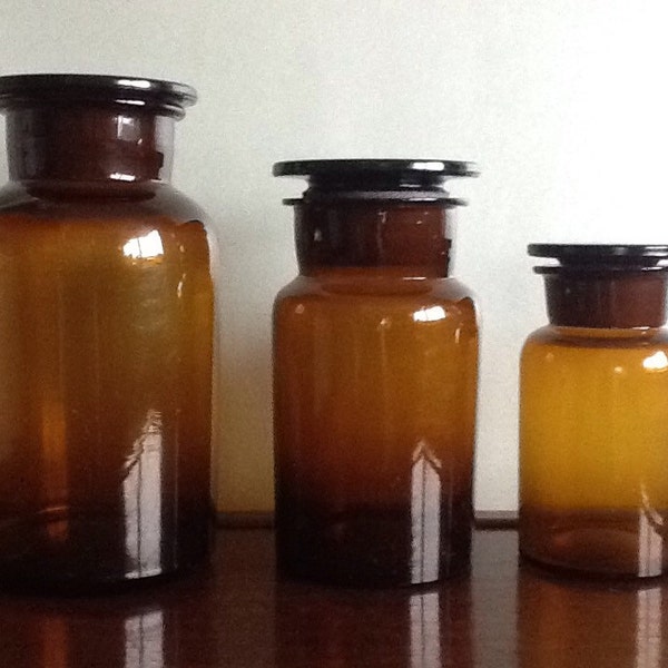 Three amber brown vintage apothecary jars. Glass jars / The Cracked Plate