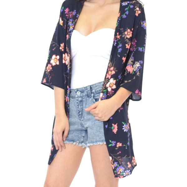 Azkara Women's Navy Open Front Bunch Flowers Sheer Kimono Cardigan Navy / Summer Boho Sweater / Boho Floral Cardigan / Beach Sheer Kimono