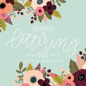 May include: A light blue background with a floral border. The text "HAND lettering 101 - PRACTICE WORKSHEETS" is in the center of the image.
