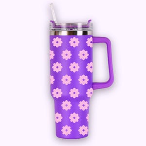 40oz Stainless Steel Tumbler, 40oz Tumbler with Handle & Straw, 40oz Insulated Tumbler, Floral Tumbler | Grape Flowers