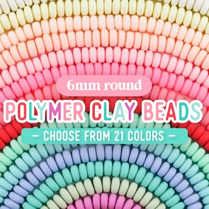 Perles tubulaires en pâte polymère 6 mm, Perles rondes, Perles africaines en vinyle, Vente en gros de perles, Fils colorés en pâte polymère, Sur fil 15 pouces, 21 couleurs