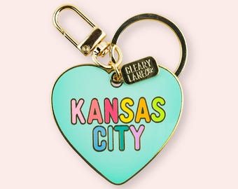 Kansas City Rainbow Heart Enamel Keychain, Gold Bag Charm