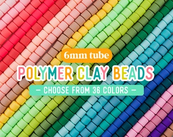 6mm Polymer Clay Tube Beads, Barrel Beads, African Vinyl Beads, Wholesale Beads, Colored Polymer Clay Strand, 15 inch strand, 36 Colors