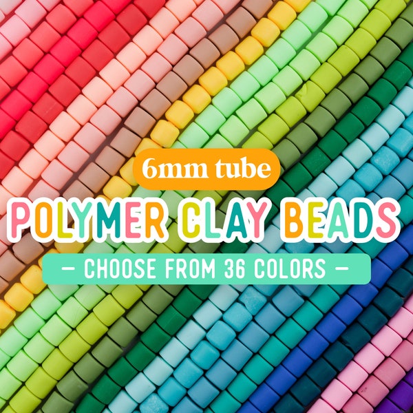 6mm Polymer Clay Tube Beads, Barrel Beads, African Vinyl Beads, Wholesale Beads, Colored Polymer Clay Strand, 15 inch strand, 36 Colors