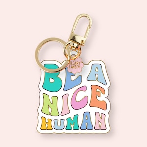 Be A Nice Human Enamel Keychain, Gold Enamel Keychain, Gold Bag Charm, Key Holders Purse Charm, Women Bag Accessories