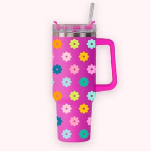 40oz Floral Tumbler with Handle & Straw, 40oz Stainless Steel Tumbler, 40oz Insulated Tumbler | Hot Pink Rainbow Flowers