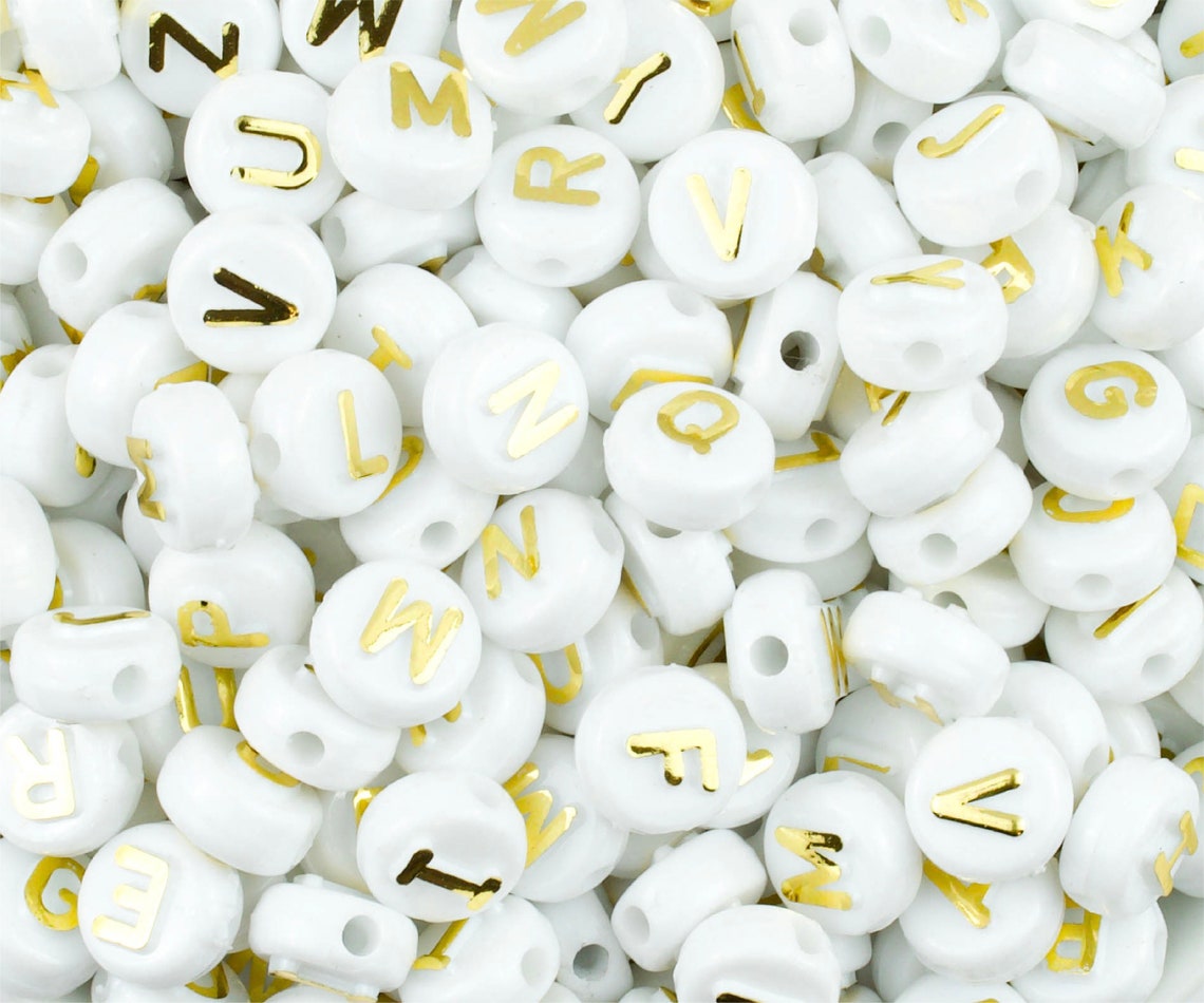 Gold & White Alphabet Letter Acrylic Beads Round Letter Etsy UK