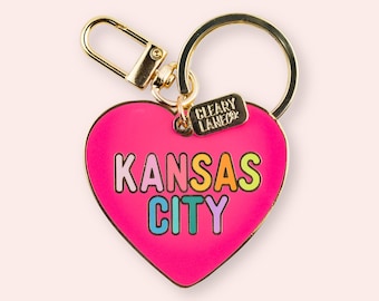 Kansas City Hot Pink Heart Enamel Keychain, Gold Bag Charm