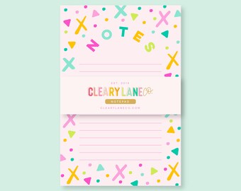 May include: Pink notepad with a colorful confetti design and the text "NOTES" in a rainbow font. The notepad also has the text "CLEARY LANECO. NOTEPAD CLEARYLANECO.COM" at the bottom.