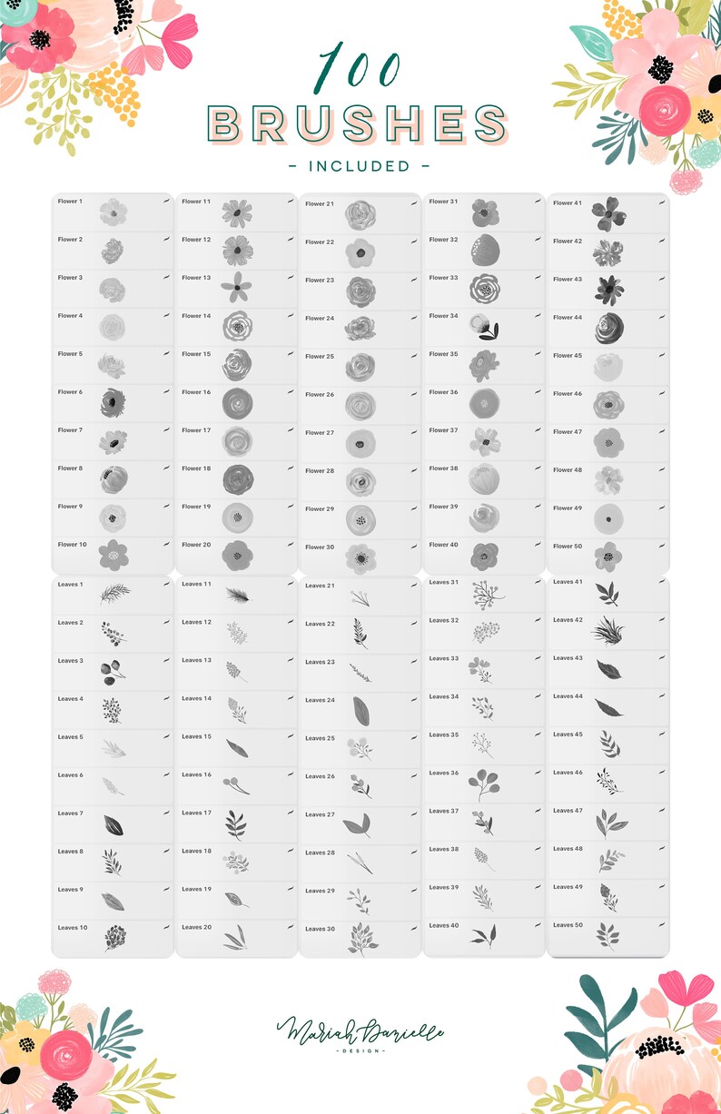 Flower Procreate Brushes, 100 Watercolor Procreate Brushes, Stamp ...