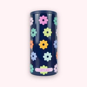 12oz Seltzer Can Holder, Skinny Can Cooler, Stainless Steel Insulated Can Cooler, Slim Can Cooler | Navy Rainbow Flowers