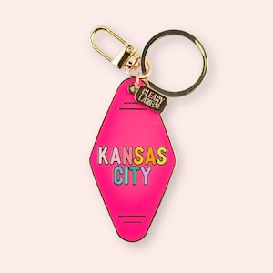 Kansas City Hot Pink Rainbow Motel Enamel Keychain, Gold Enamel Keychain, Gold Bag Charm, Key Holders Purse Charm, Women Bag Accessories