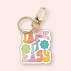 Take it Easy Enamel Keychain, Gold Enamel Keychain, Gold Bag Charm, Key Holders Purse Charm, Women Bag Accessories