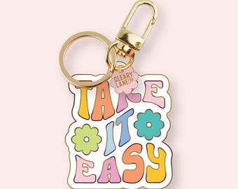 Take It Easy Enamel Keychain, Gold Purse Charm