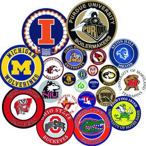 May include: A collection of circular collegiate logo patches. Logos include the University of Illinois, Purdue University, Michigan Wolverines, Wisconsin Badgers, Ohio State Buckeyes, and others. Each patch features team colors and mascots.