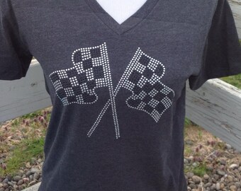 rhinestone shirt Double checkered flag rhinestone dark grey unisex sizes Women's racing v neck shirt