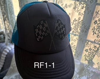 Trucker hat grey/teal rhinestone double checkered racing flag