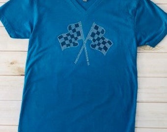 rhinestone shirt Double checkered flag rhinestone turquoise unisex sizes Women's racing v neck shirt