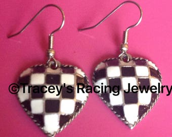 Traceys racing jewelry checkered flag auto racing jewelry heart earrings.   BEST PRICE
