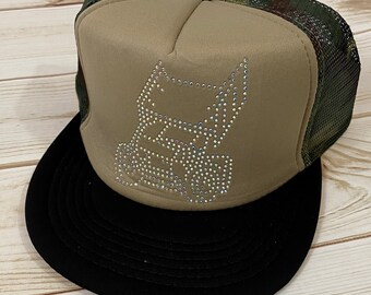 Rhinestone sprint car trucker hat khaki and camo racing apparel