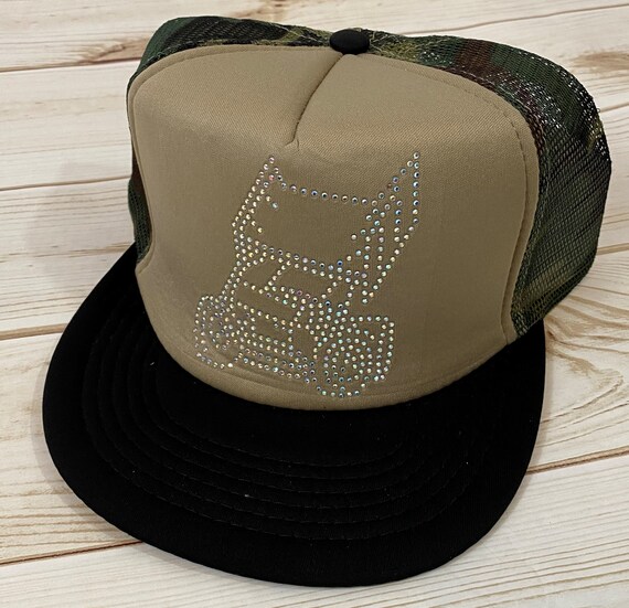 Rhinestone Sprint Car Trucker Hat Khaki and Camo Racing Apparel - Main Image