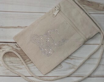 Rhinestone natural canvas winged sprint car cross body small essentials bag purse