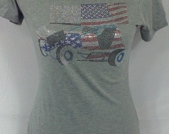 Red White and Blue American flag rhinestone sprint car ladies shirts Tracey's Racing Jewelry exclusive