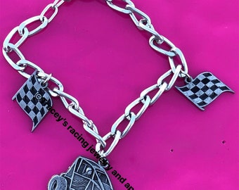 Non Winged sprint car midget racing and checkered flag charm bracelet