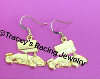 Winged sprint car earrings gold tone Traceys Racing Jewelry exclusive