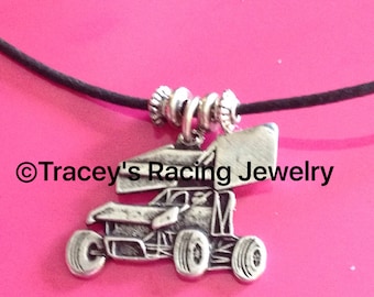World of Outlaws ASCS Sprint car necklace on black cord Tracey's Racing Jewelry exclusive item TR-1