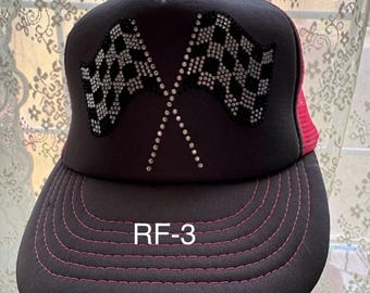 Trucker hat grey/pink rhinestone double checkered racing flag