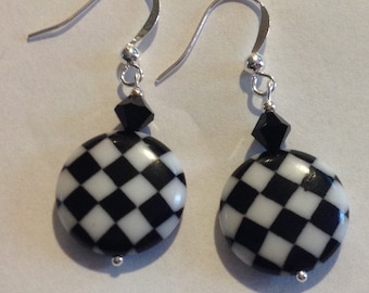 Checkered bead black and white auto racing jewelry earrings