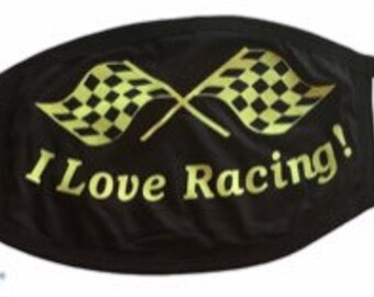 I love racing checkered flag face mask covering .  Yellow glitter