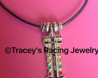 Drag tree staging light Christmas tree auto racing jewelry necklace. Tracey's racing jewelry