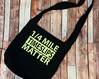Black canvas messenger bag cross body messenger 1/4 Mile Time Slips matter