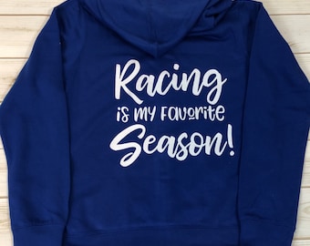 Racing Season is my favorite season white glitter cobalt blue zipper women junior hoodie