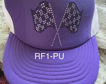 Trucker hat purple/white rhinestone double checkered racing flag