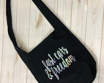 Fast cars and freedom large cross body black bag