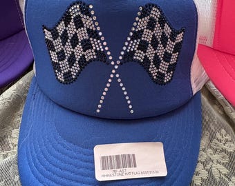Trucker hat blue/white rhinestone double checkered racing flag