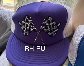 Trucker hat purple/white rhinestone double checkered racing flag
