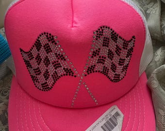 Trucker hat pink/white rhinestone double checkered racing flag